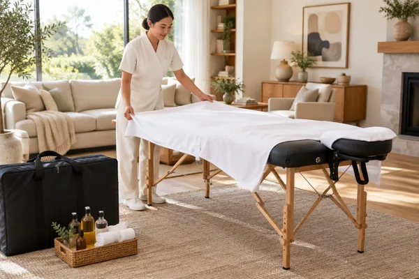 Portable massage table, fresh linens and travel supplies in a home