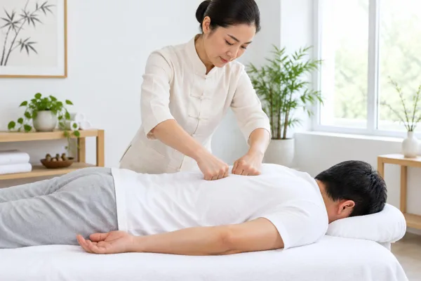 Therapist demonstrating Tui Na rolling pressure through cotton clothing
