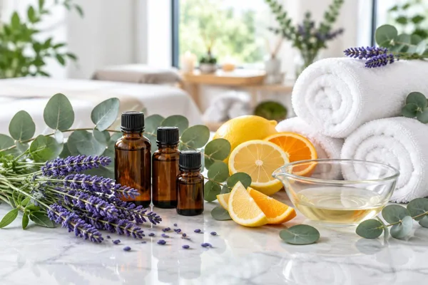 Essential oil bottles with lavender, eucalyptus and citrus beside towels
