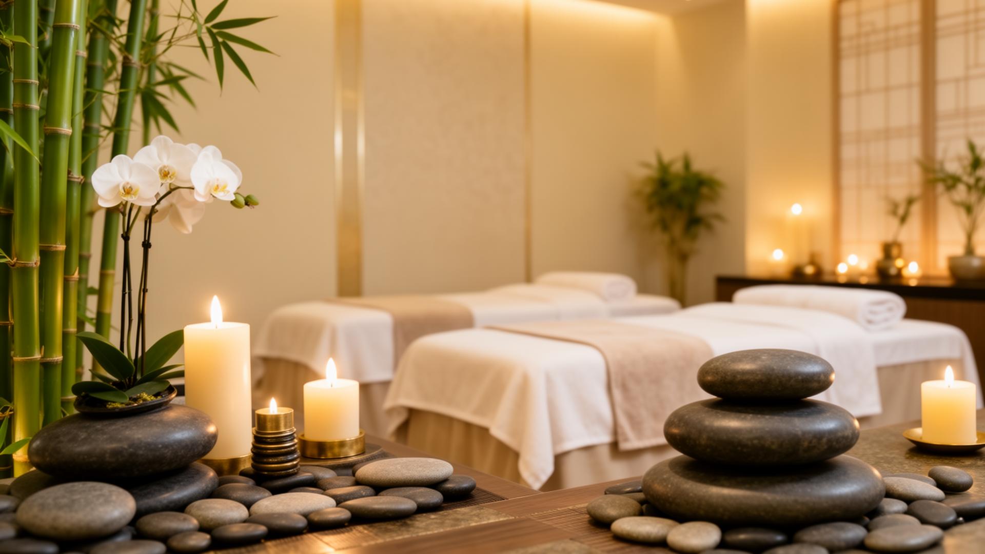 Tranquil Asian massage spa room in Las Vegas with candles, bamboo and hot stones
